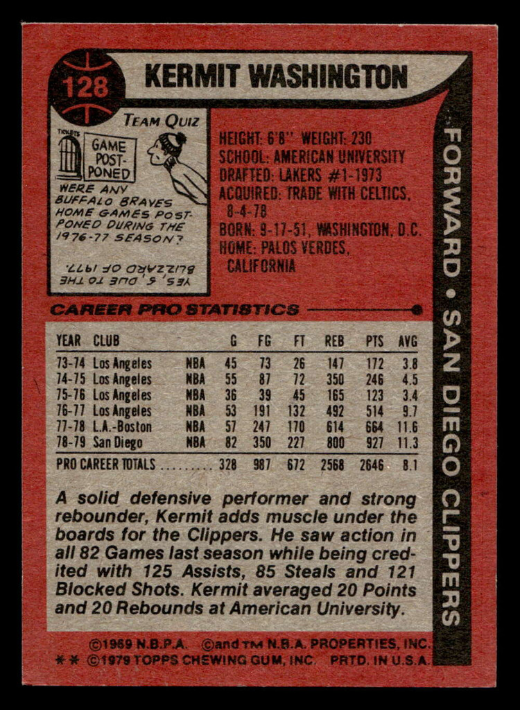 1979-80 Topps #128 Kermit Washington Excellent  ID: 452075