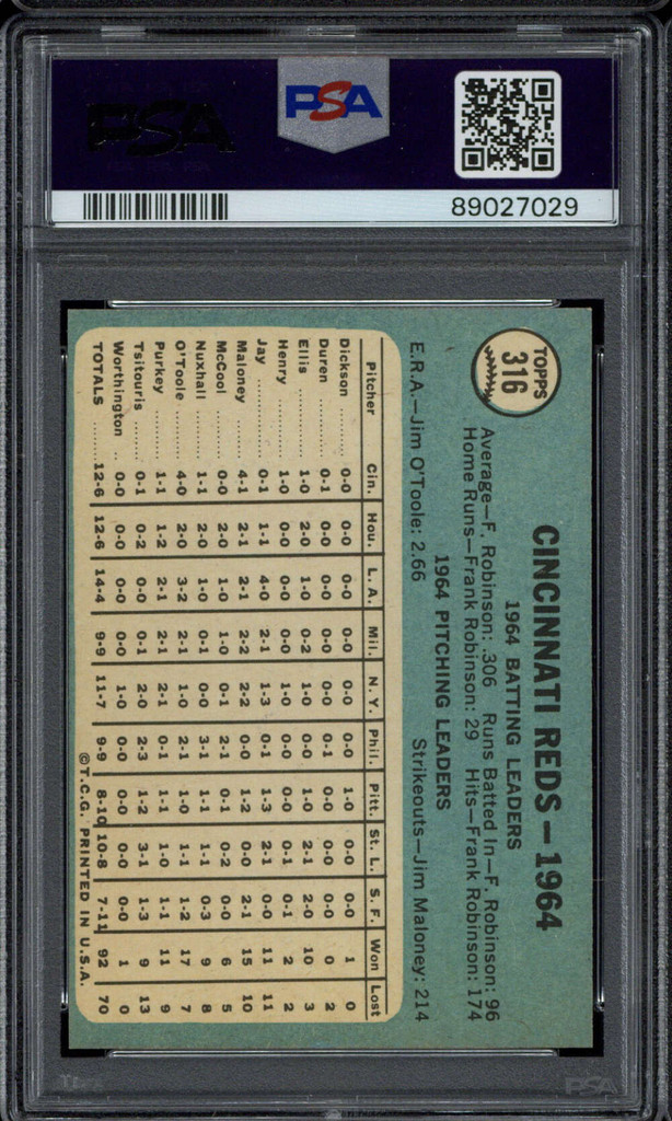 1965 Topps #316 Team Card Cincinnati Reds PSA 9 Mint