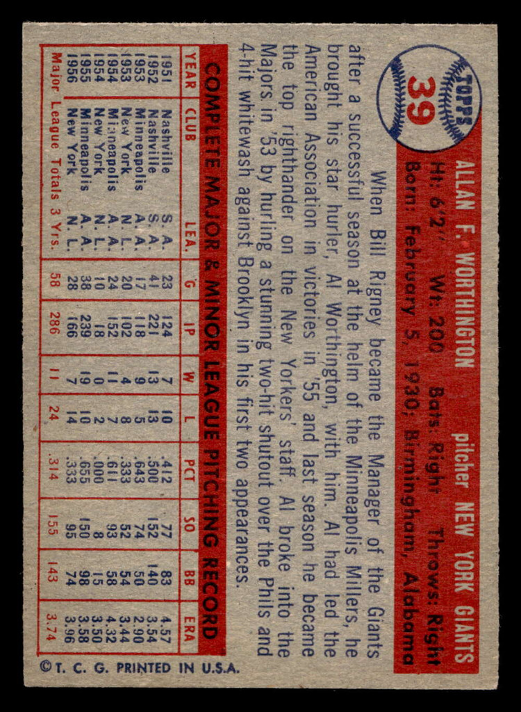 1957 Topps #39 Al Worthington Excellent+ RC Rookie  ID: 453261