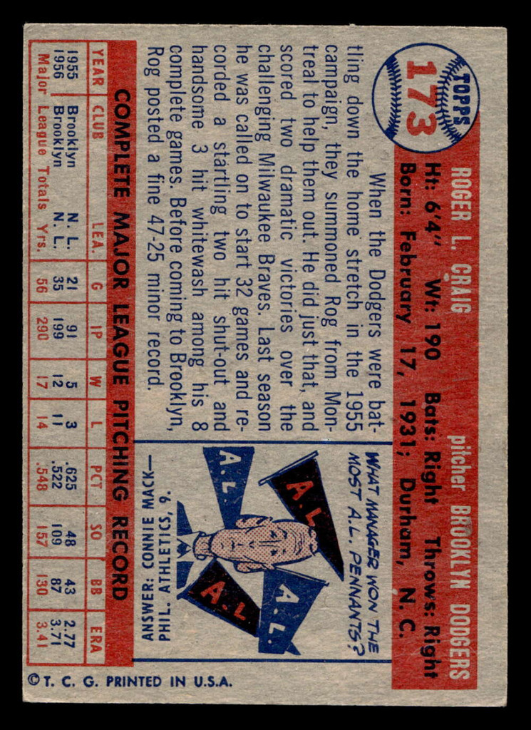 1957 Topps #173 Roger Craig Excellent+  ID: 453428