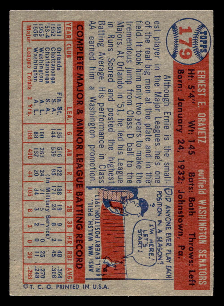 1957 Topps #179 Ernie Oravetz Ex-Mint  ID: 453434