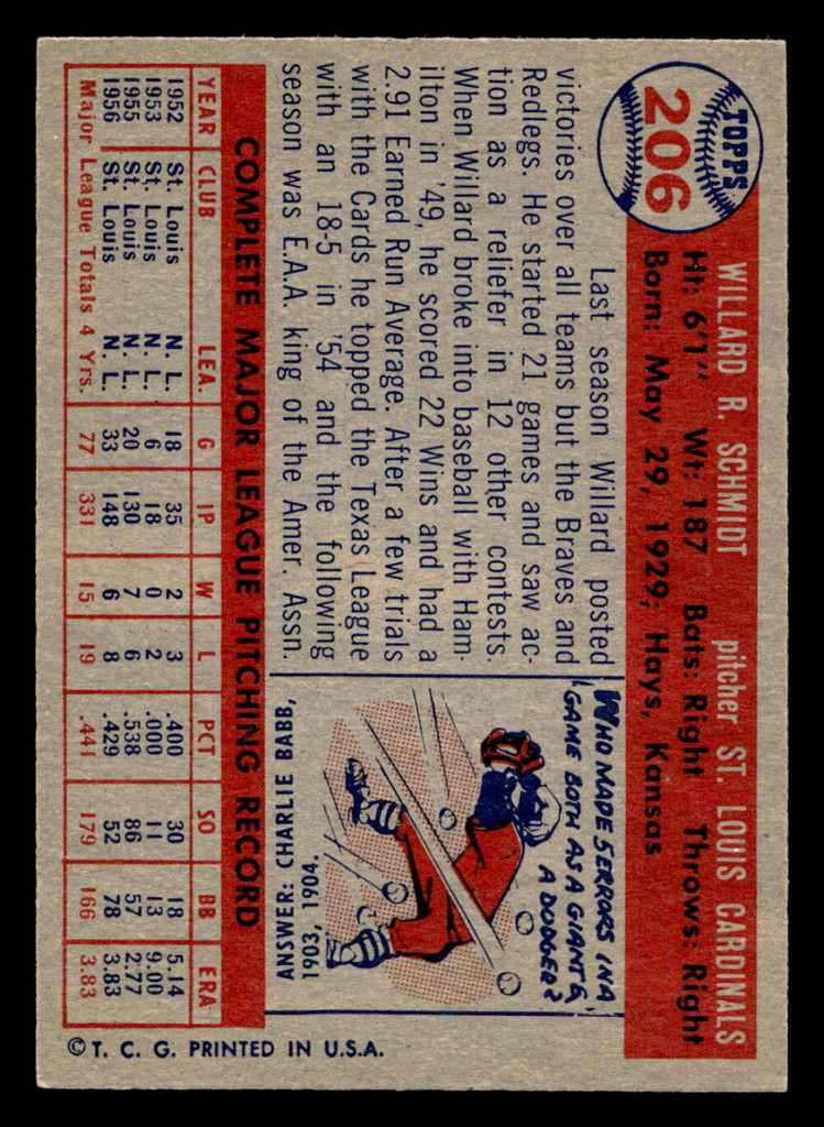 1957 Topps #206 Willard Schmidt Ex-Mint 