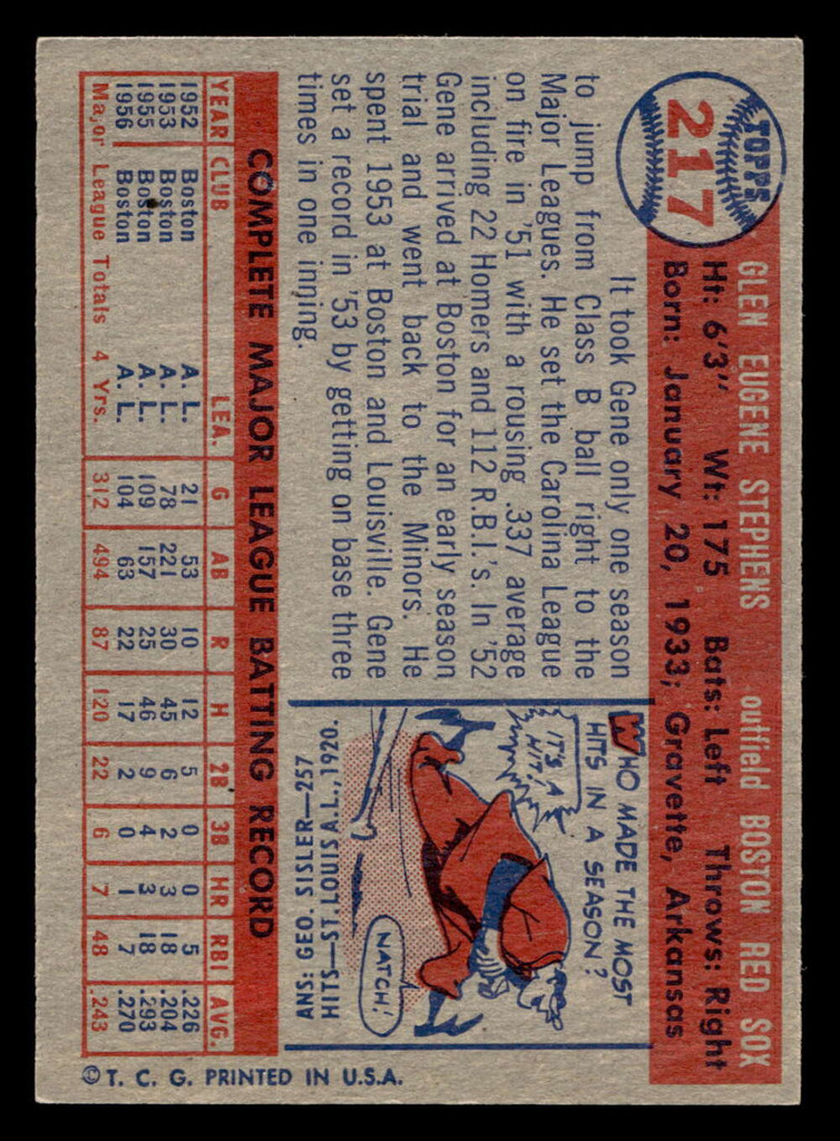 1957 Topps #217 Gene Stephens Ex-Mint  ID: 453500