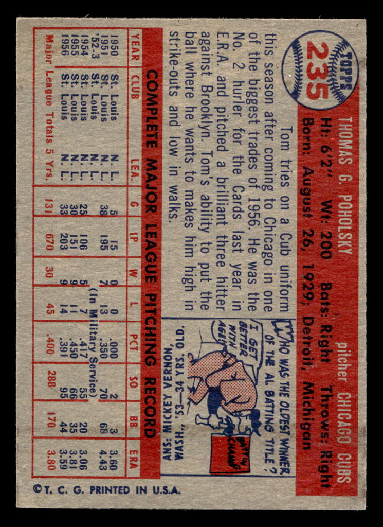 1957 Topps #235 Tom Poholsky Near Mint  ID: 453523