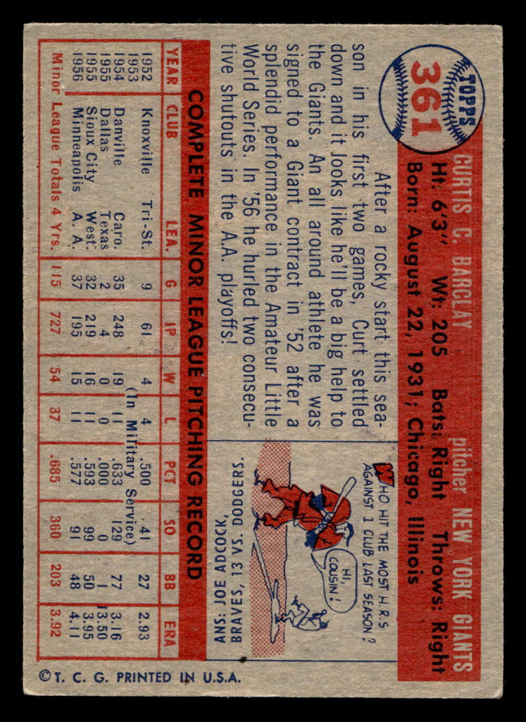 1957 Topps #361 Curt Barclay Excellent+ RC Rookie  ID: 453595