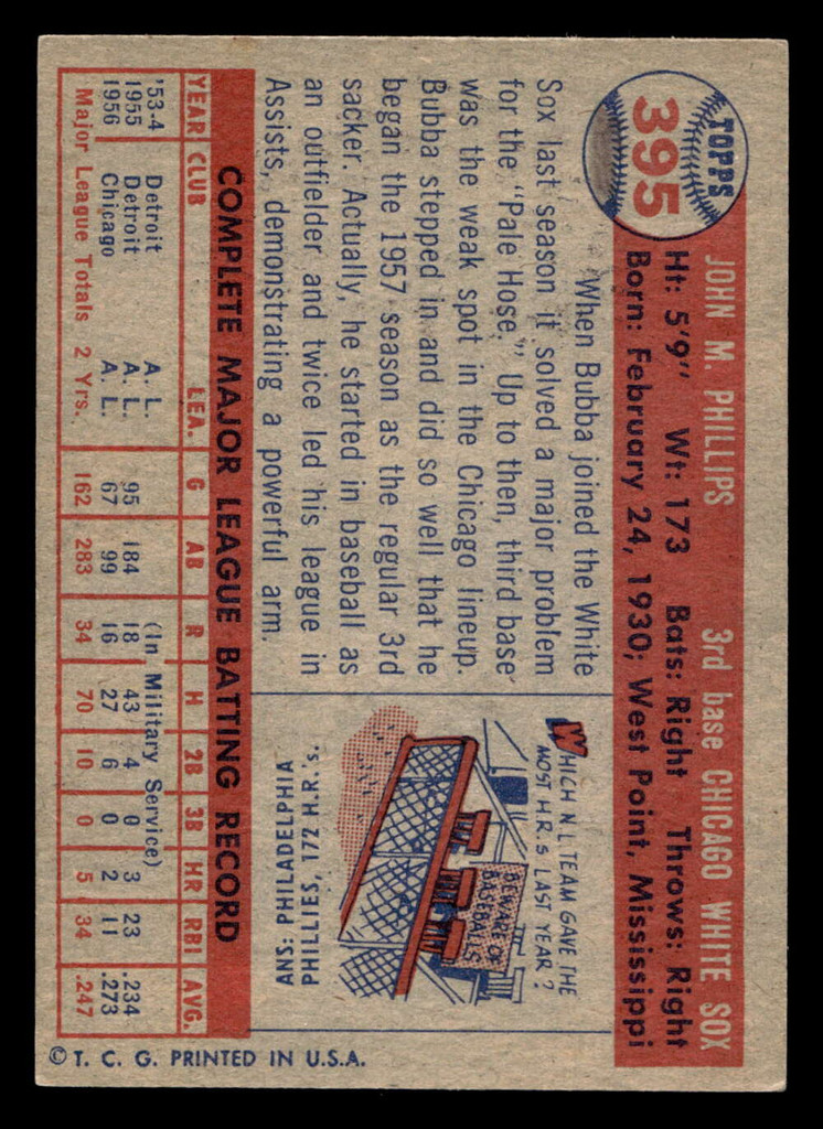 1957 Topps #395 Bubba Phillips Excellent  ID: 453638