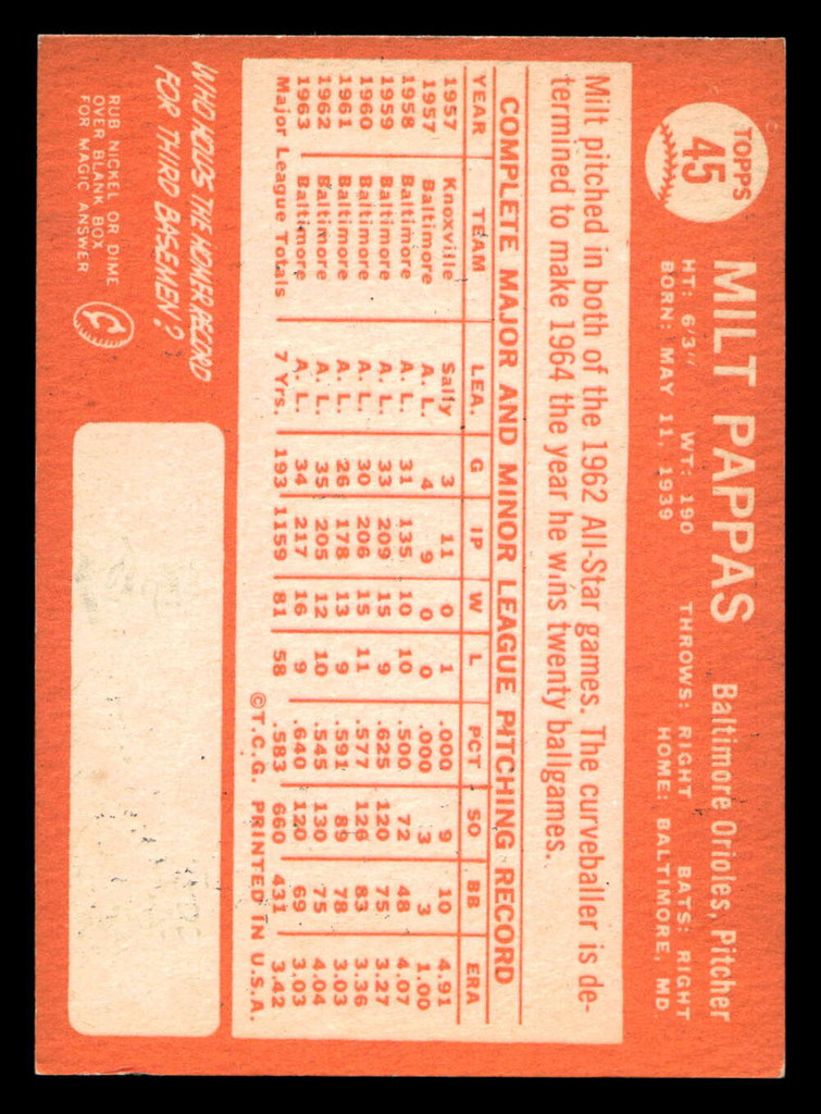 1964 Topps #45 Milt Pappas Ex-Mint  ID: 454854