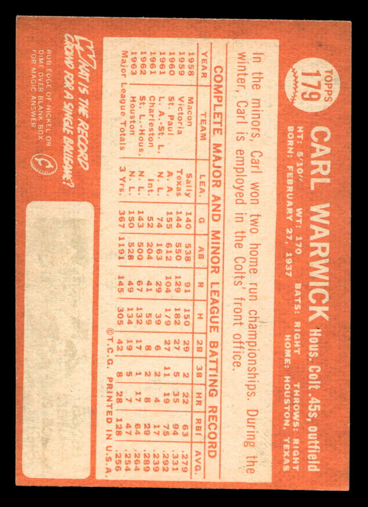 1964 Topps #179 Carl Warwick Excellent+  ID: 455176