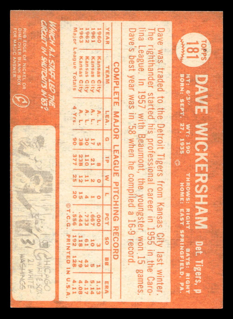 1964 Topps #181 Dave Wickersham Ex-Mint  ID: 455182