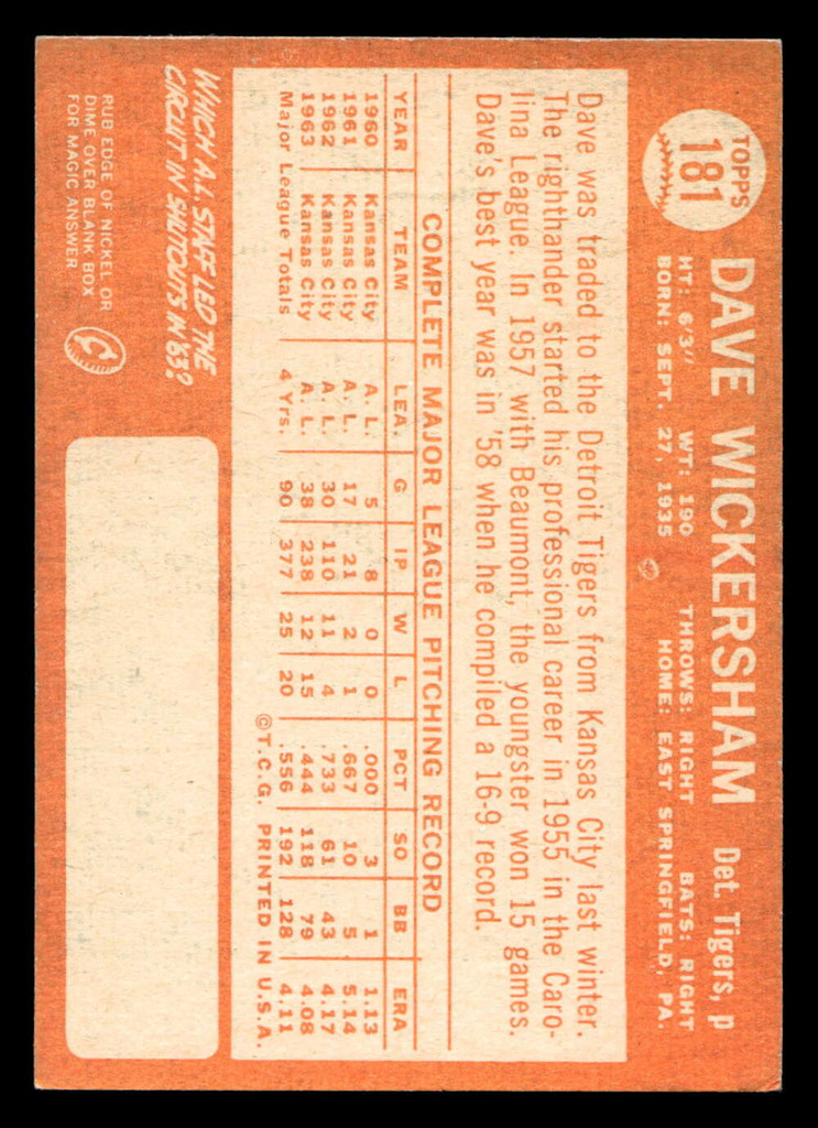 1964 Topps #181 Dave Wickersham Excellent  ID: 455183