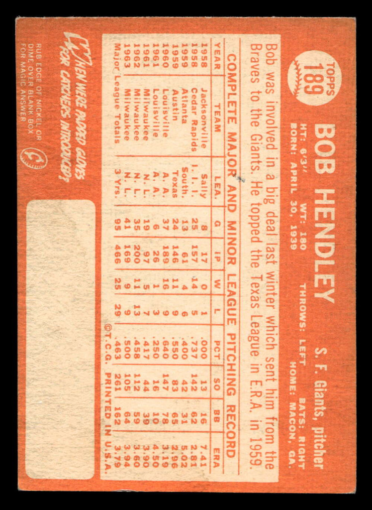 1964 Topps #189 Bob Hendley Excellent+  ID: 455208