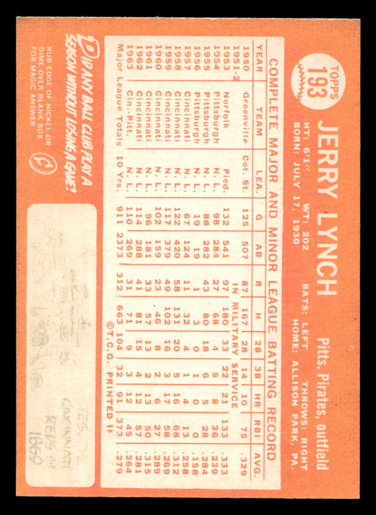 1964 Topps #193 Jerry Lynch Excellent+  ID: 455217