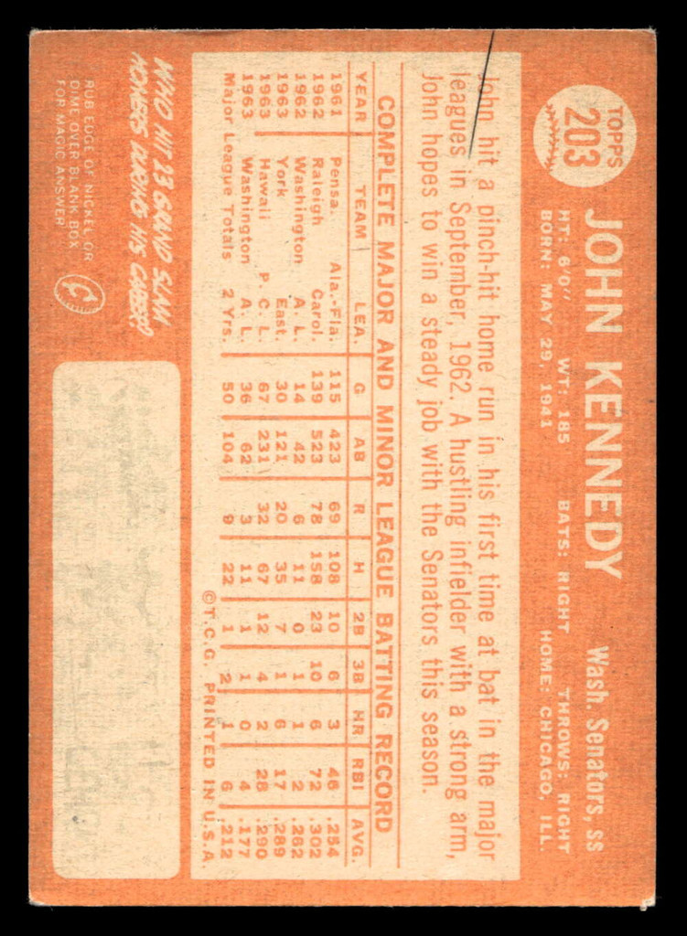 1964 Topps #203 John Kennedy Excellent RC Rookie 
