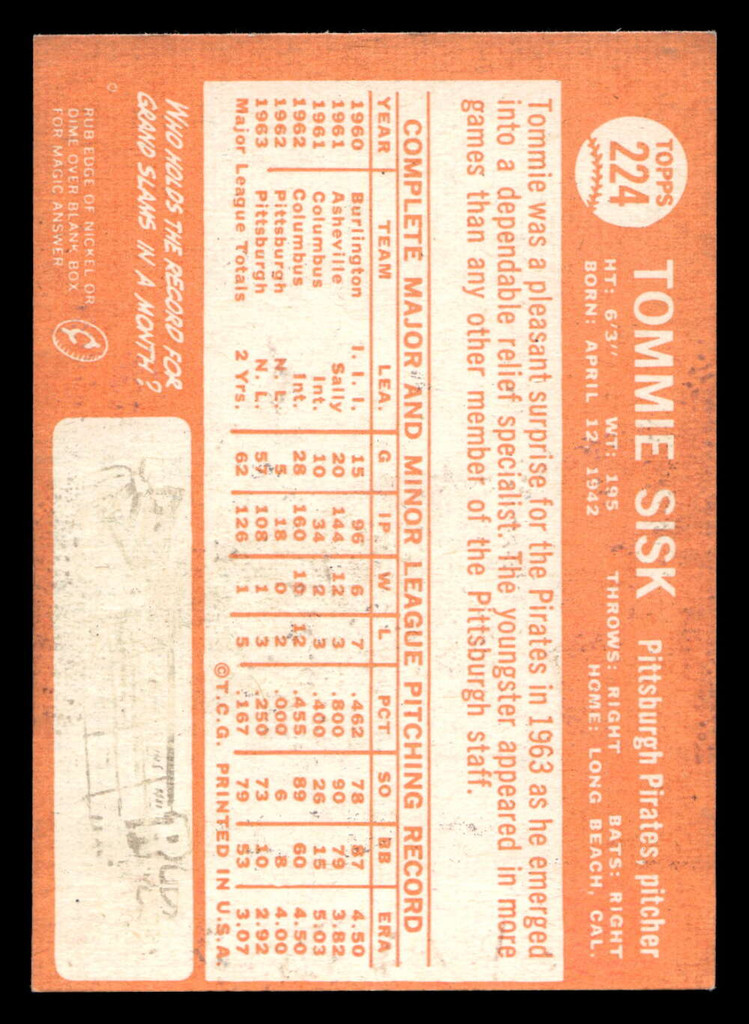 1964 Topps #224 Tommie Sisk Ex-Mint  ID: 455467