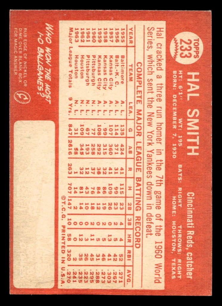 1964 Topps #233 Hal Smith Ex-Mint  ID: 455485