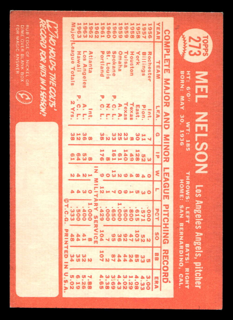 1964 Topps #273 Mel Nelson Ex-Mint  ID: 455593