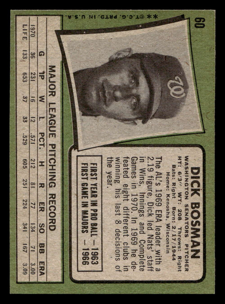 1971 Topps #60 Dick Bosman Excellent+  ID: 456256