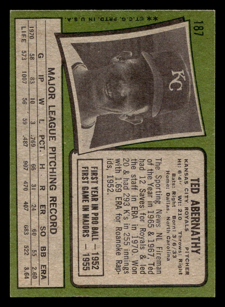 1971 Topps #187 Ted Abernathy Near Mint  ID: 456775