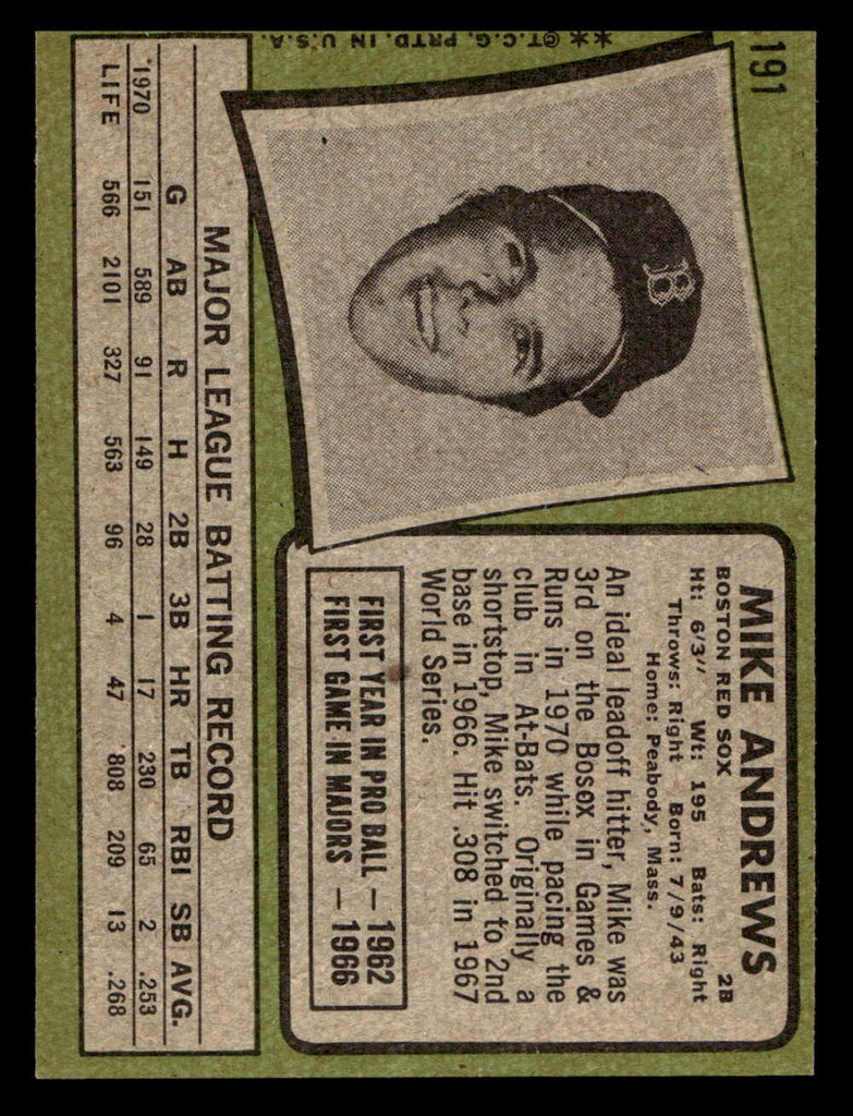 1971 Topps #191 Mike Andrews Ex-Mint  ID: 456791