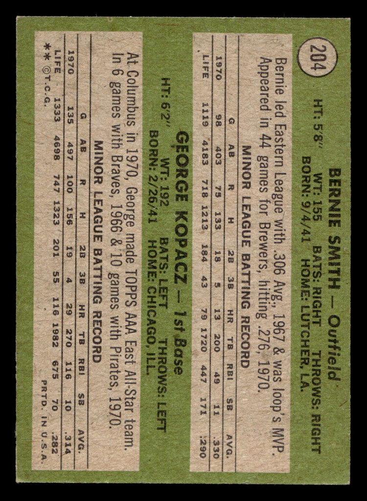 1971 Topps #204 Bernie Smith/George Kopacz Ex-Mint RC Rookie  ID: 456849