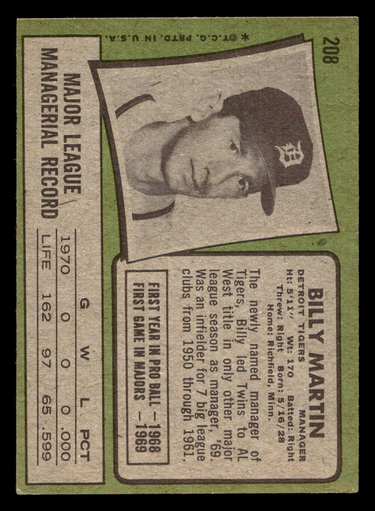 1971 Topps #208 Billy Martin MG Excellent+  ID: 456859