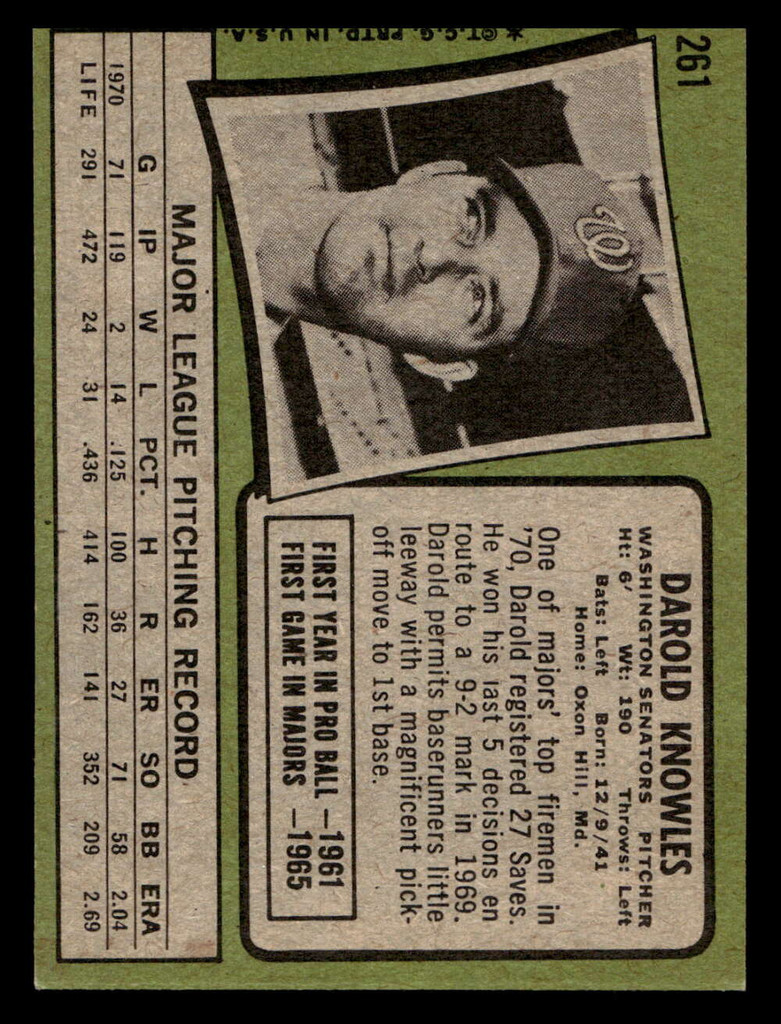 1971 Topps #261 Darold Knowles Ex-Mint  ID: 457070