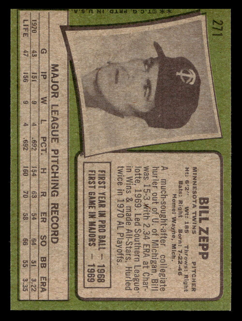 1971 Topps #271 Bill Zepp Near Mint  ID: 457110
