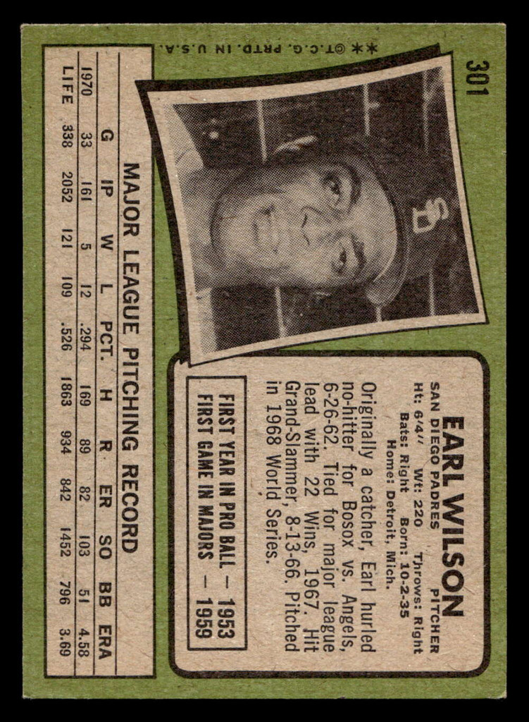 1971 Topps #301 Earl Wilson Ex-Mint  ID: 457244