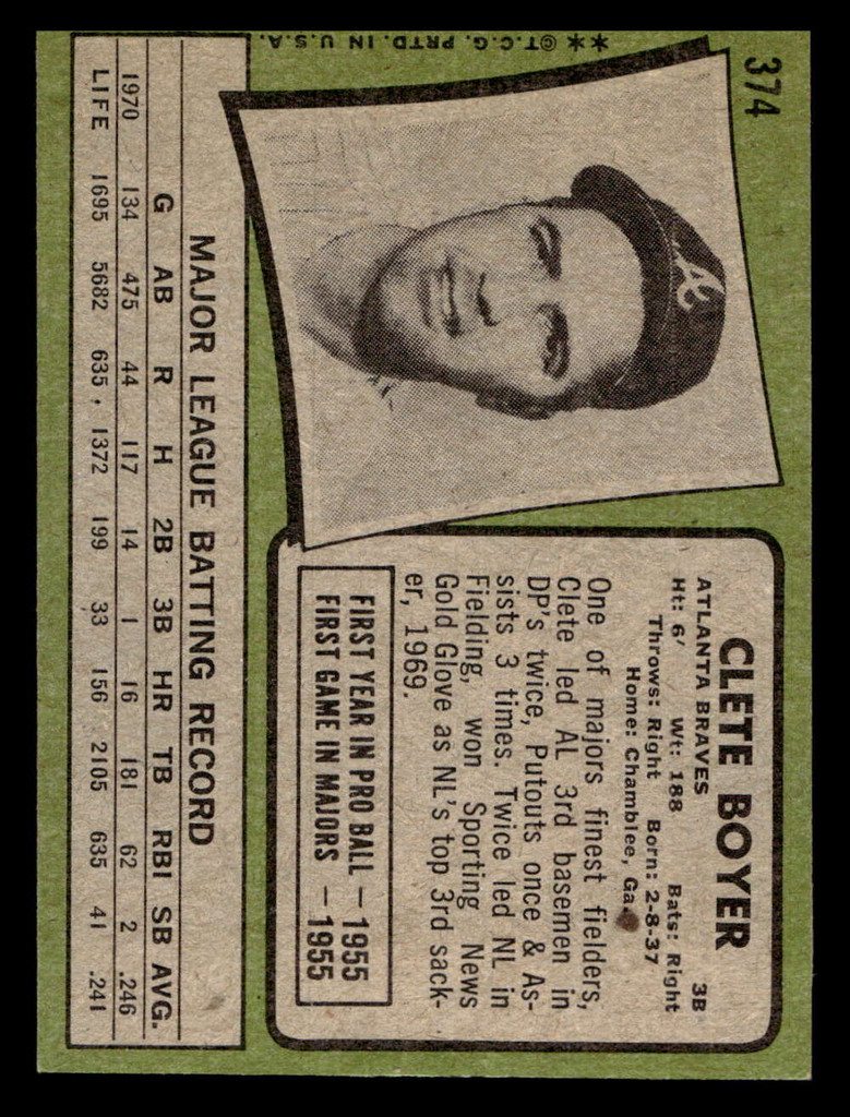 1971 Topps #374 Clete Boyer Ex-Mint  ID: 457569