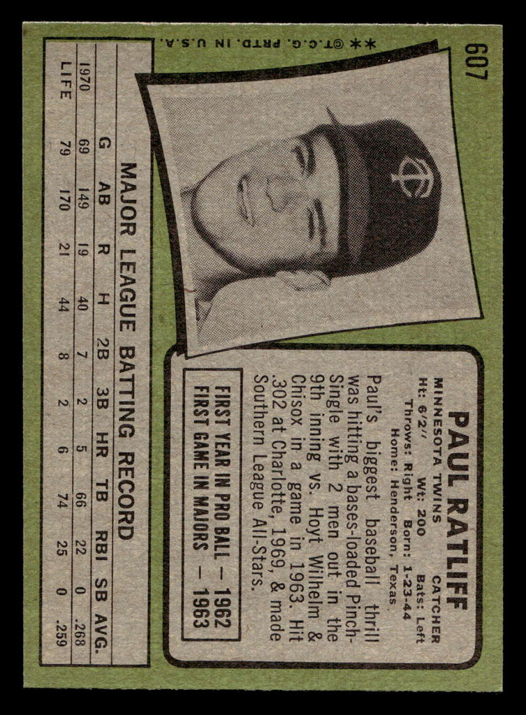 1971 Topps #607 Paul Ratliff Near Mint Misprint 