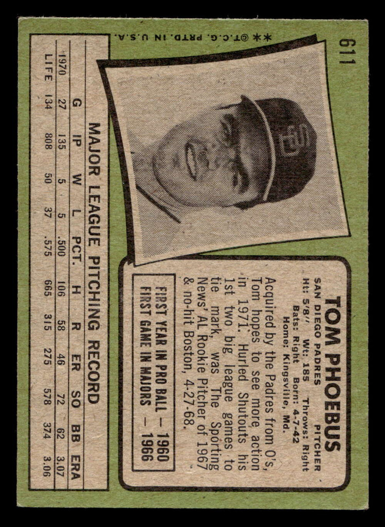 1971 Topps #611 Tom Phoebus Excellent  ID: 458461