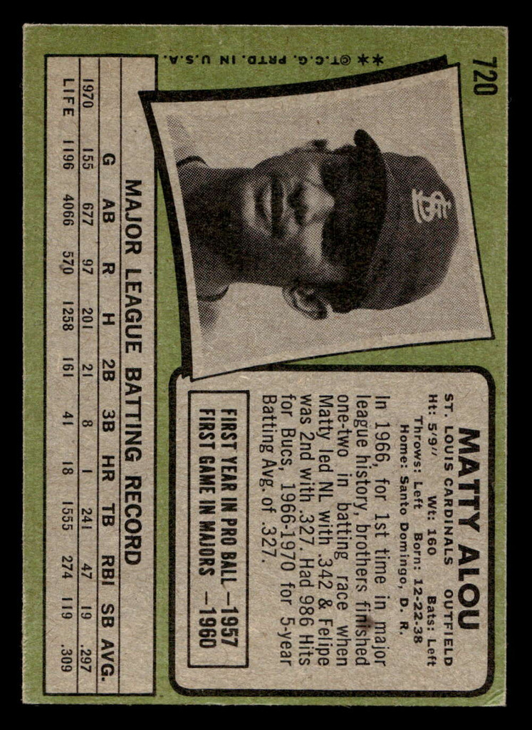 1971 Topps #720 Matty Alou VG-EX High # 