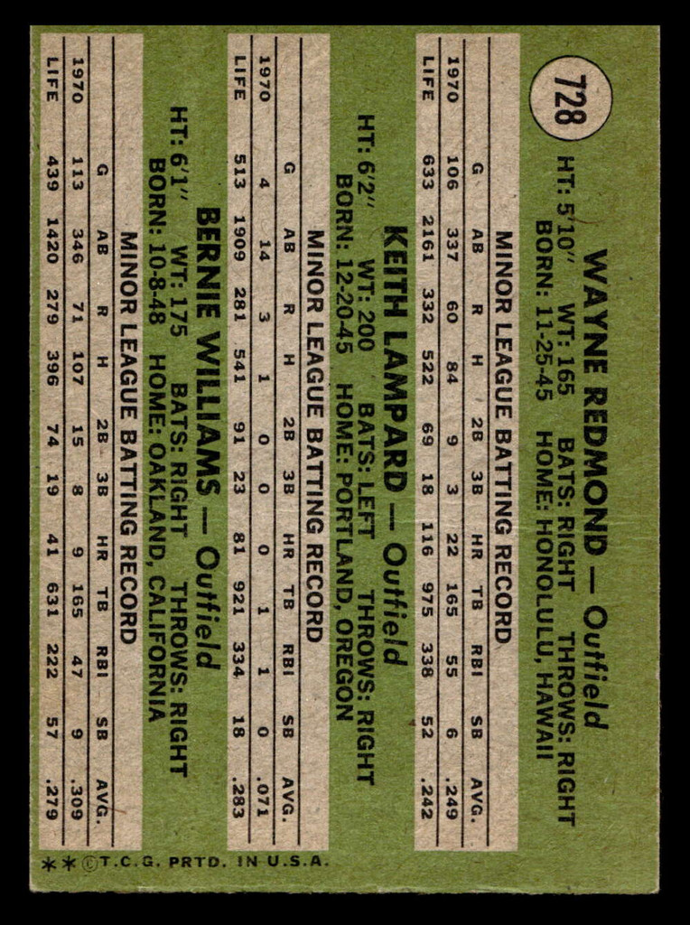 1971 Topps #728 Wayne Redmond/Keith Lampard/Bernie Williams NL Rookie Outfielders Ex-Mint RC Rookie High #  ID: 458745