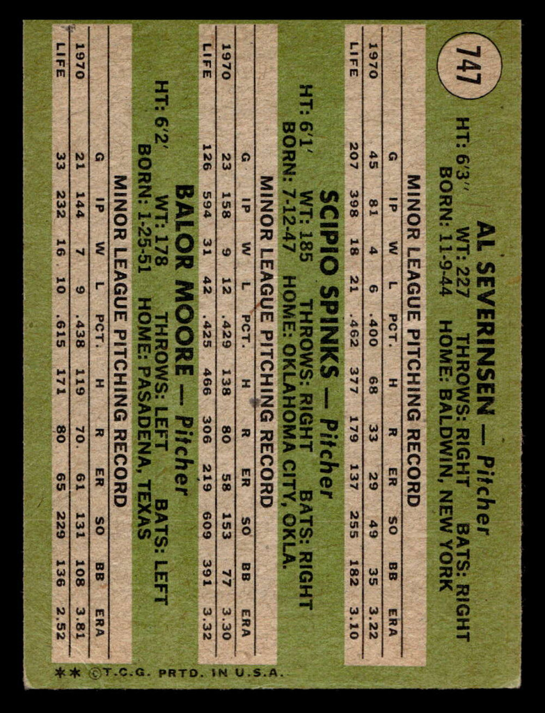 1971 Topps #747 Al Severinsen/Scipio Spinks/Balor Moore NL Rookie Pitchers Very Good RC Rookie High #  ID: 458781