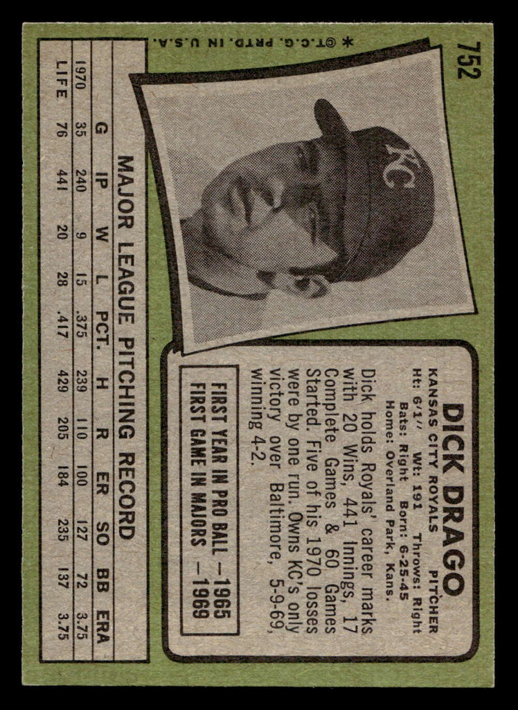 1971 Topps #752 Dick Drago Ex-Mint 