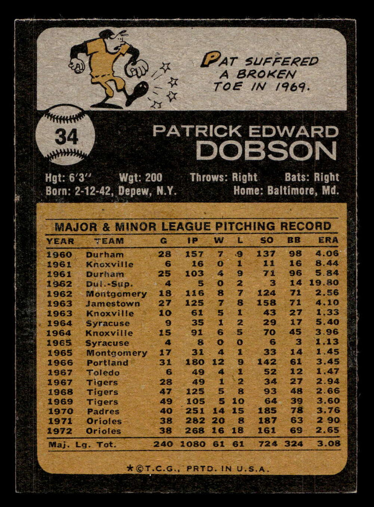 1973 Topps #34 Pat Dobson Ex-Mint  ID: 458960