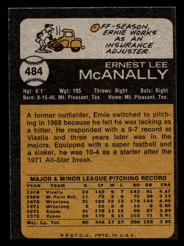 1973 Topps #484 Ernie McAnally Near Mint+  ID: 461029