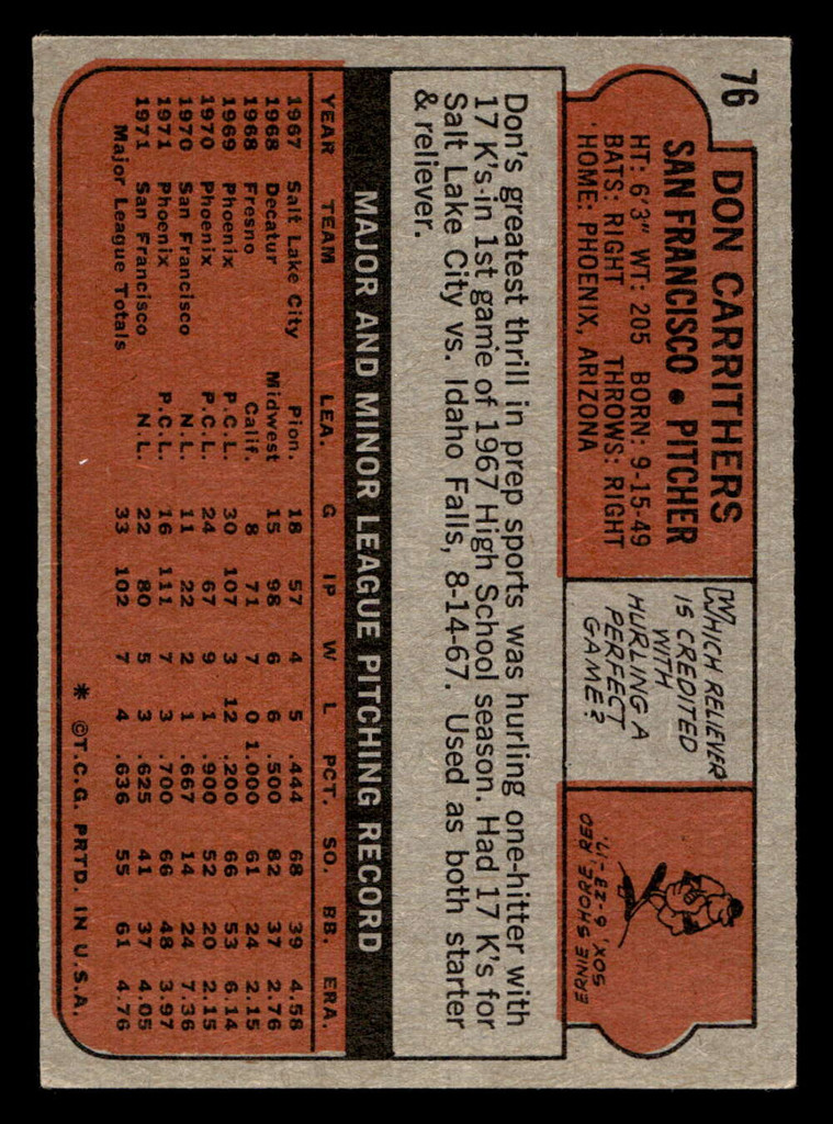1972 Topps #76 Don Carrithers Ex-Mint RC Rookie  ID: 462040