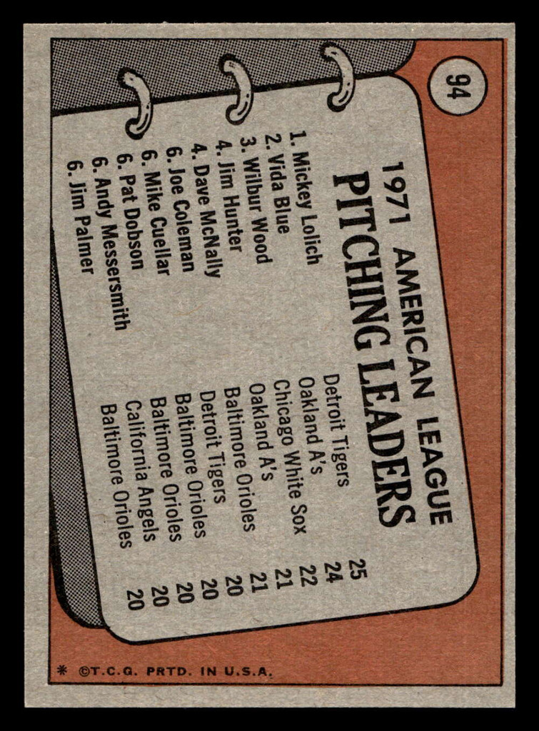 1972 Topps #94 Mickey Lolich/Vida Blue/Wilbur Wood AL Pitching Leaders Near Mint+  ID: 462073