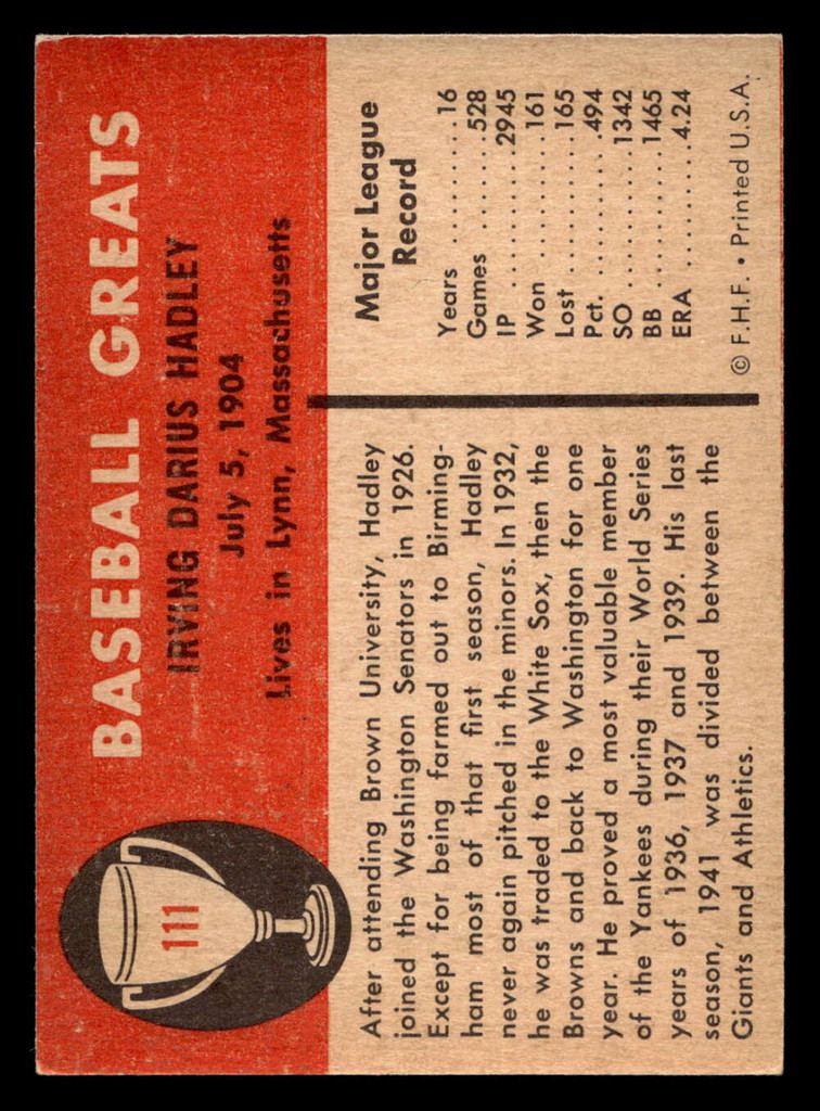 1961 Fleer #111 Bump Hadley Near Mint 