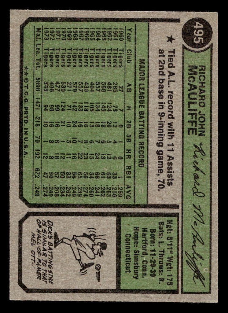 1974 Topps #495 Dick McAuliffe Ex-Mint  ID: 464647