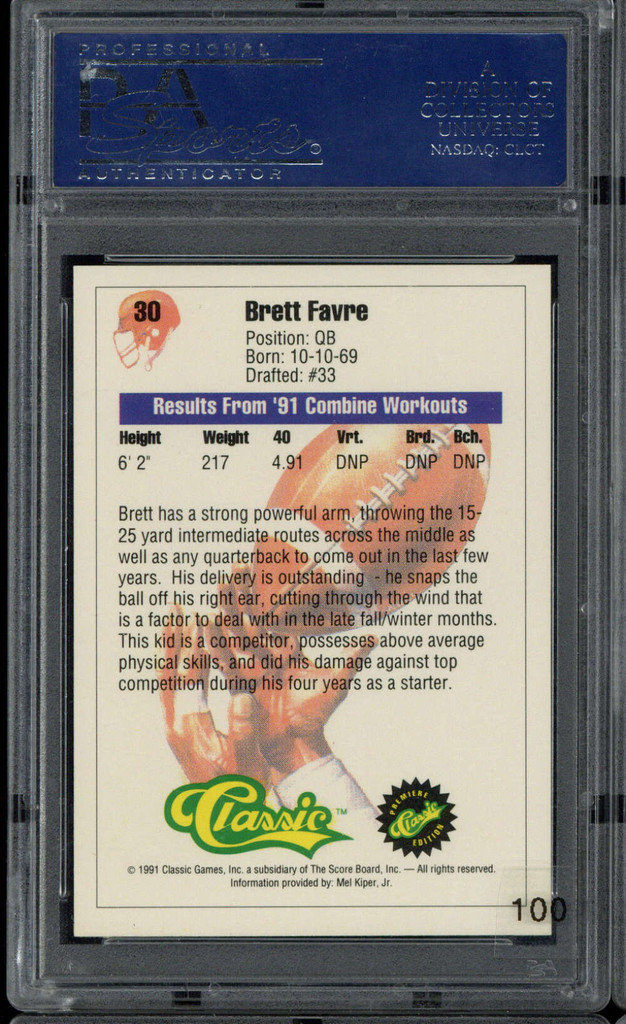 1991 Classic #30 Brett Favre Falcons PSA 10 Gem Mint Rookie RC