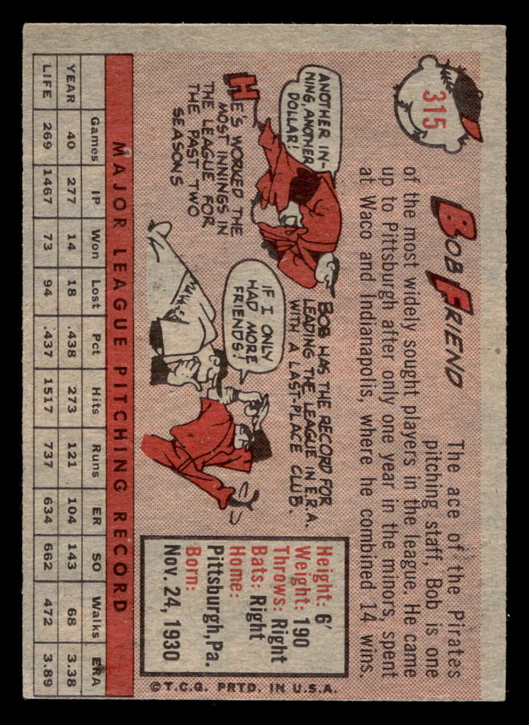 1958 Topps #315 Bob Friend Ex-Mint 