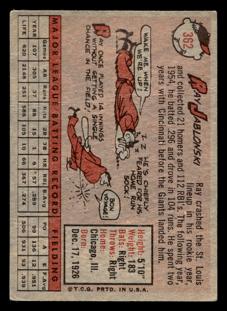 1958 Topps #362 Ray Jablonski G-VG  ID: 466393