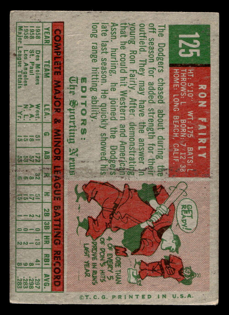 1959 Topps #125 Ron Fairly Very Good RC Rookie  ID: 466817