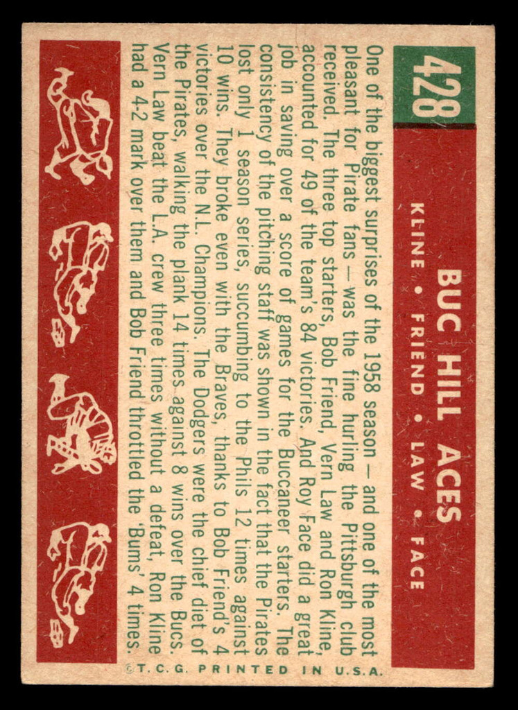 1959 Topps #428 Ron Kline/Bob Friend/Vernon Law/ Roy Face Buc Hill Aces Ex-Mint  ID: 467177