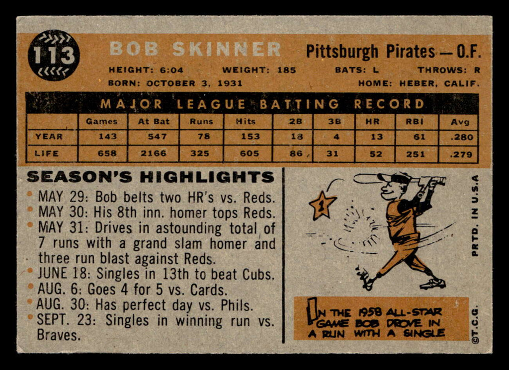 1960 Topps #113 Bob Skinner Ex-Mint  ID: 467635