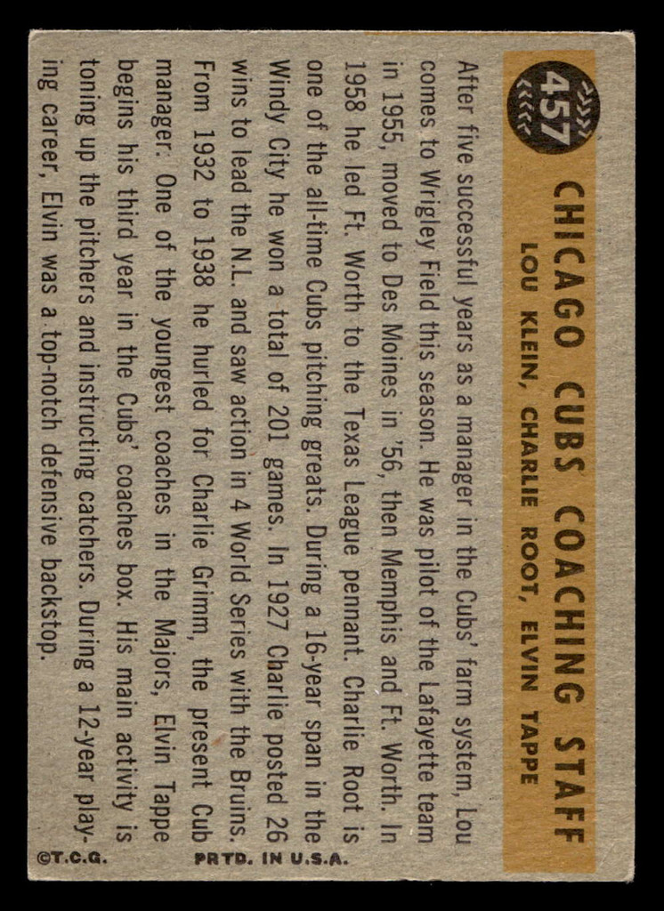 1960 Topps #457 Cubs Coaches Excellent  ID: 467942