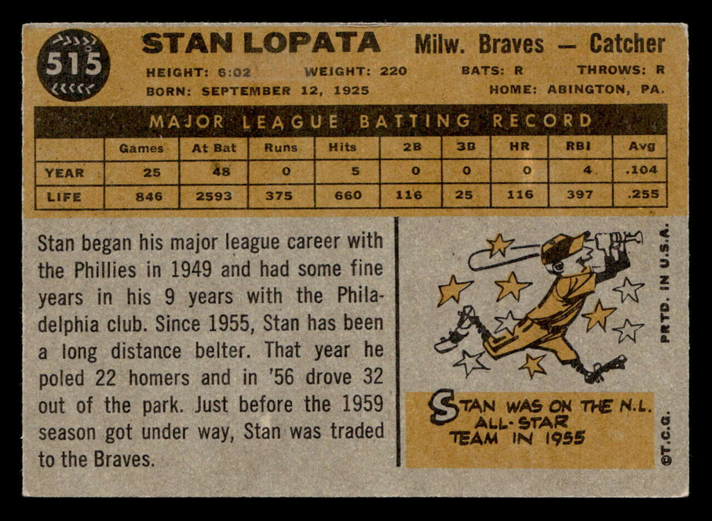 1960 Topps #515 Stan Lopata Very Good  ID: 468123