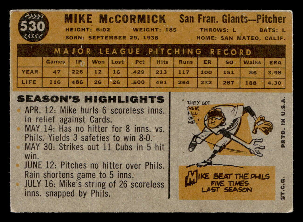 1960 Topps #530 Mike McCormick VG-EX  ID: 468169